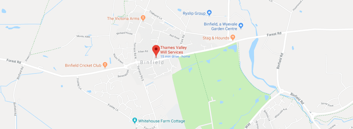 Map showing Binfield area with locations like Thames Valley Will Services and Brinfield Cricket Club.